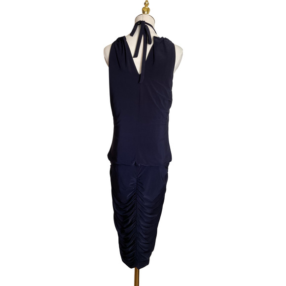 Cach'e Women's 8 Navy Blue Dress Halter Bodycon Ruched Metal Necklace - Picture 11 of 13